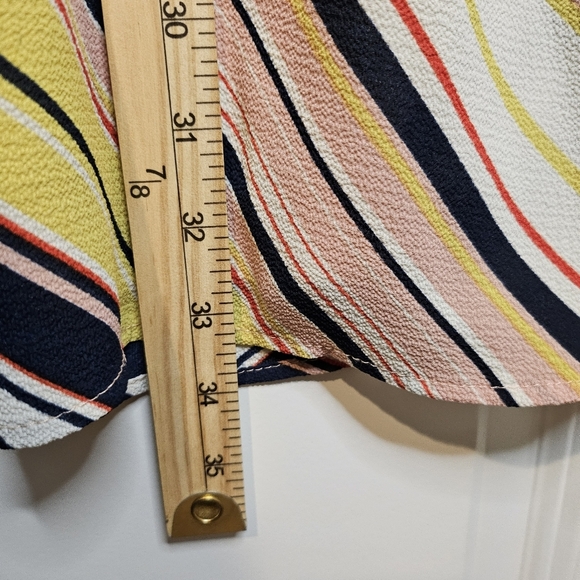 Lily Rose Blue Pink Butter Yellow Striped Cold Shoulder Keyhole 70s Dress Size L - Picture 7 of 11